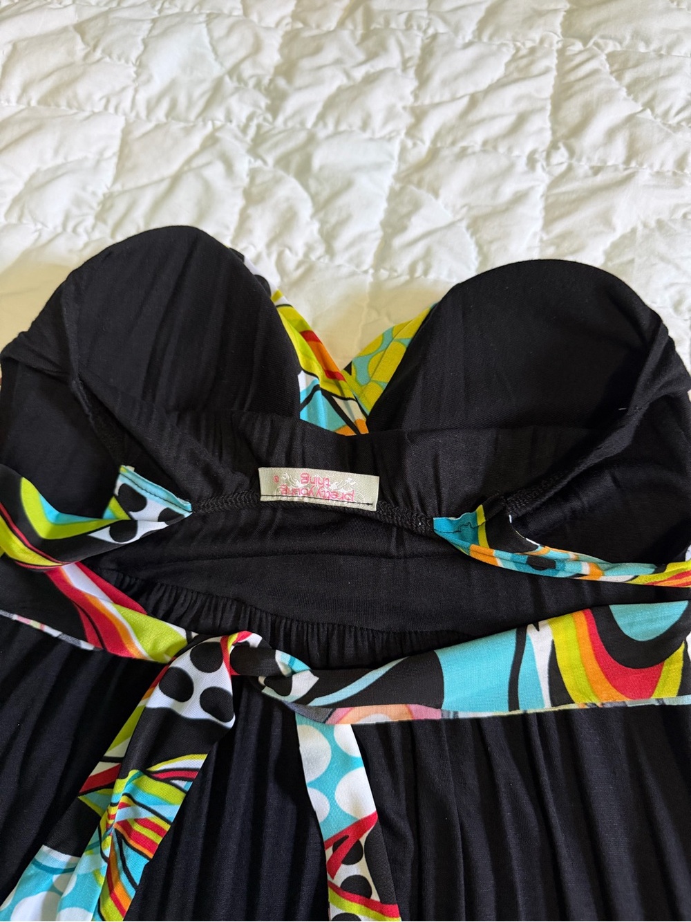 Women’s Black Maxi Dress with Colorful Abstract Trim - Picture 5 of 6
